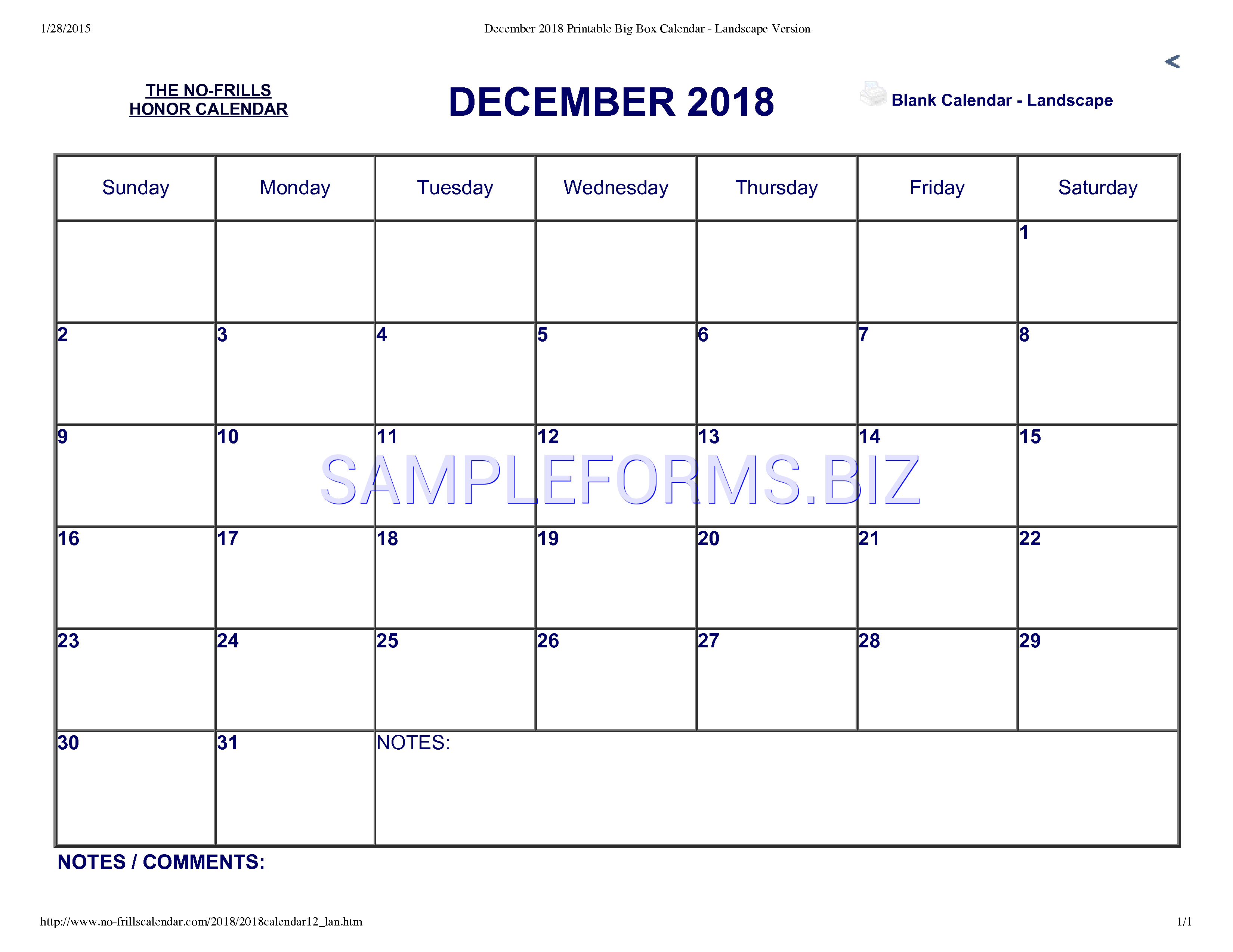 Preview free downloadable December 2018 Calendar 3 in PDF (page 1)